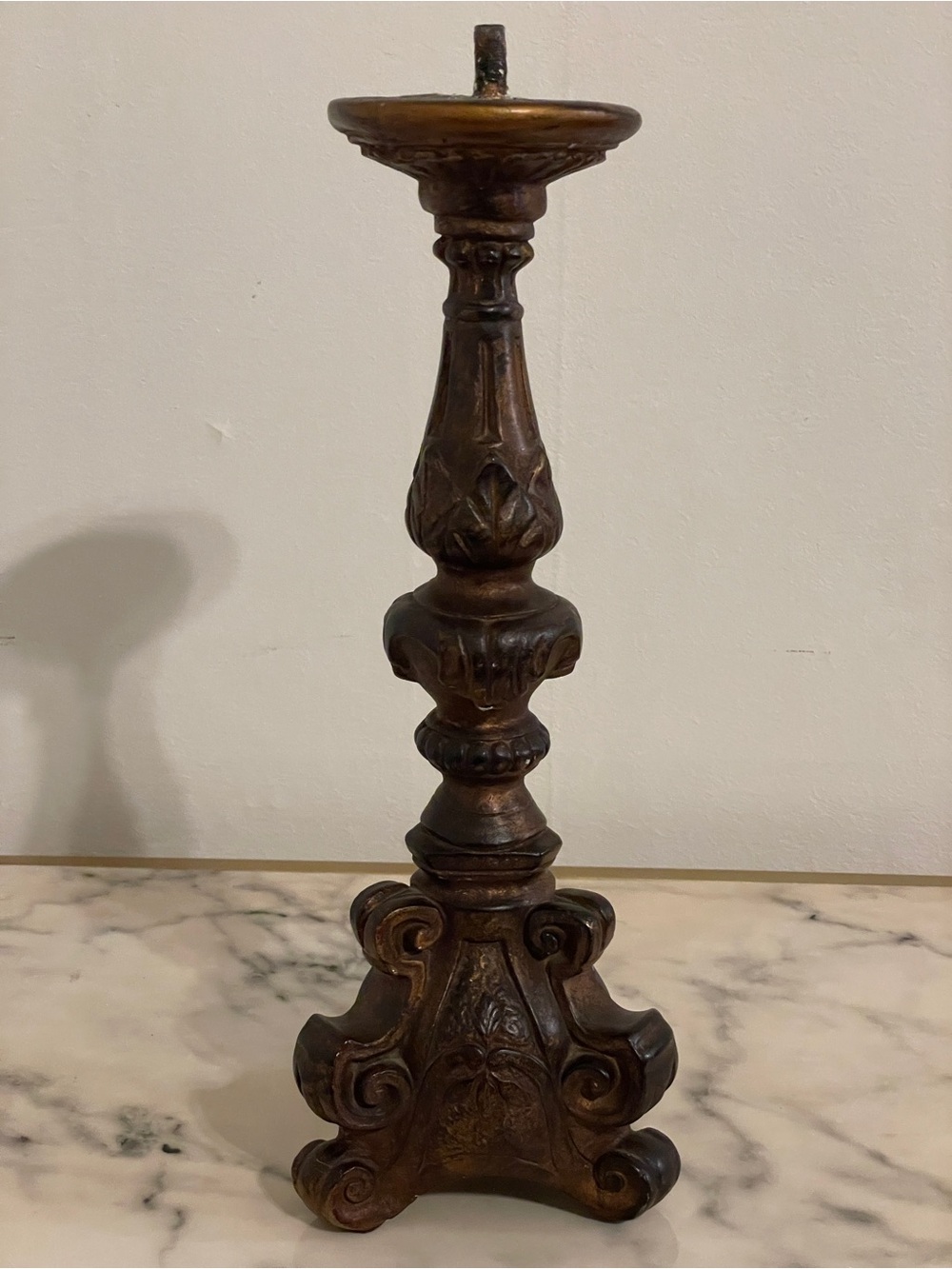 Vintage Ornate Faux Wood Resin Candleholder 15” Height